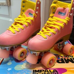Impala Pink Roller Skates with Yellow Laces